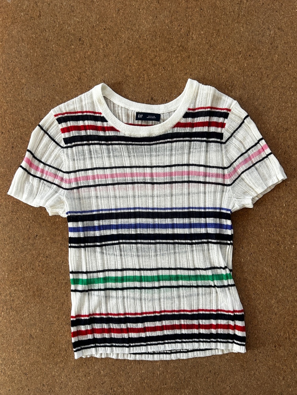 GAP White Ribbed Tee with Multicolor Stripe Detail